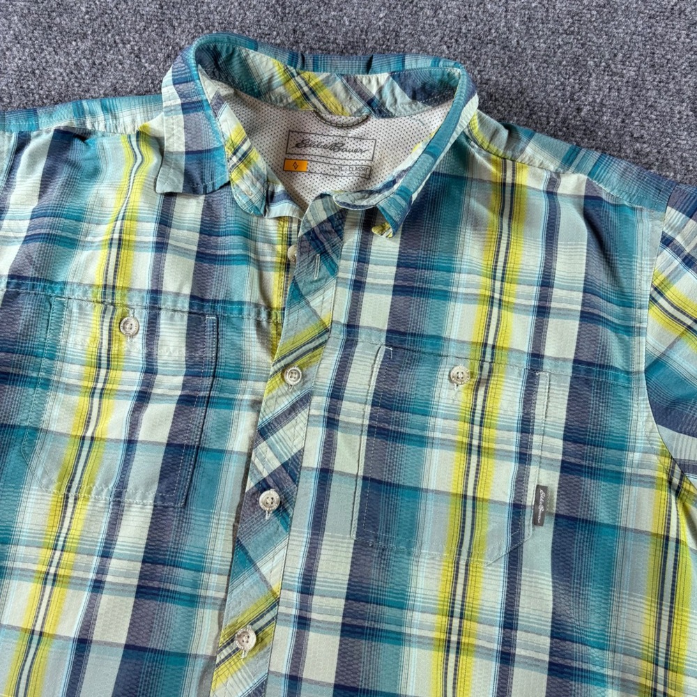 Eddie Bauer Shirt Mens XL Tall Teal Blue Yellow Plaid Short Sleeve Hiking